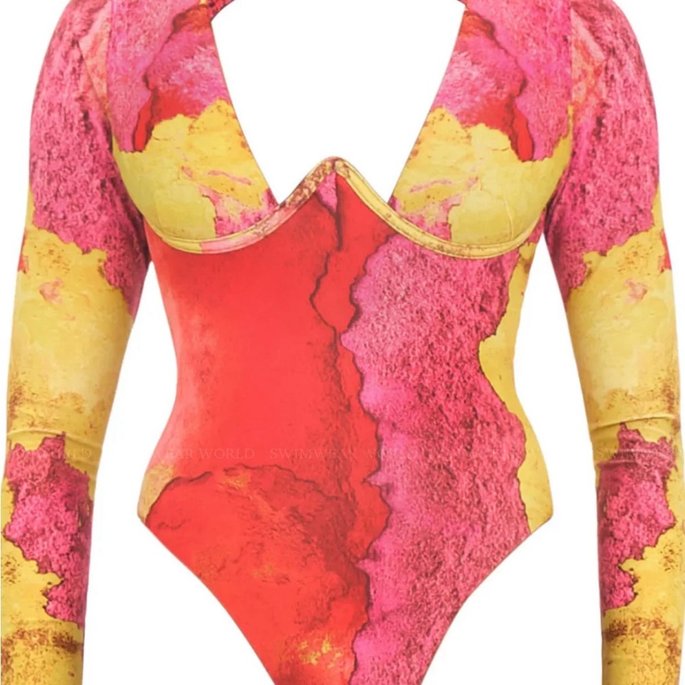 ANDREA IYAMAH: Vibrant Pink and Yellow Long Sleeve Bathing Suit